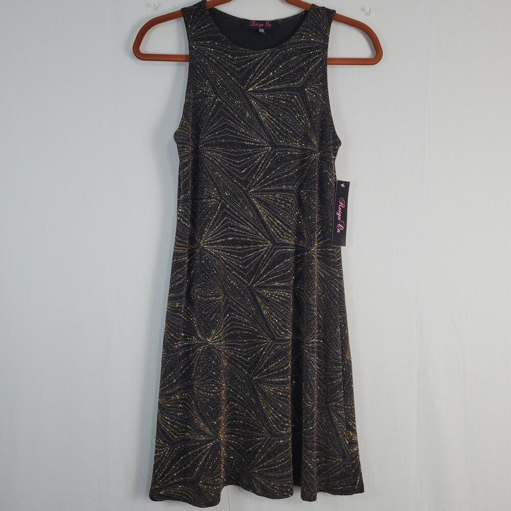 Reign On Sleeveless Shimmer Shift Dress sz 5/6 Black Gold Y2K Prom Party USA New